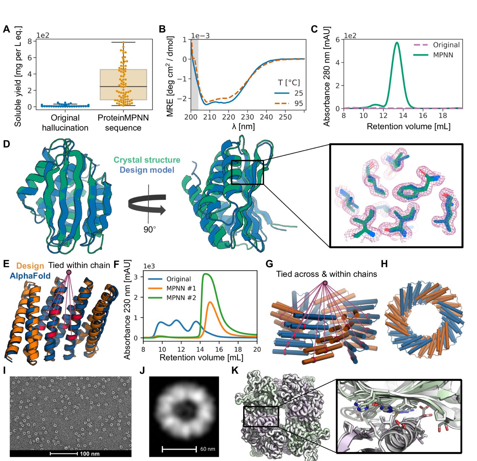 Fig. 3. Structural characterization of ProteinMPNN designs. (A) Comparison of soluble protein expression over a set of AlphaFold hallucinated monomers and homo-oligomers (blue) and the same set of backbones with sequences designed using ProteinMPNN (orange), N=129. The total soluble protein yield following expression in E. coli, obtained from the integrated area unders size exclusion traces of nickel-NTA purified proteins, increases considerably from the barely soluble protein of the original sequences following ProteinMPNN rescue (median yields for 1 L of culture equivalent: 9 and 247 mg respectively). (B), (C), (D) In depth characterization of a monomer hallucination and corresponding ProteinMPNN rescue from the set in A. Like almost all of the designs in A, the sequence and structural similarity to the PDB of the design model are very low (E-value=2.8 against UniRef100 using HHblits, TM-score=0.56 against PDB). (B) The ProteinMPNN rescued design has high thermostability, with a virtually unchanged circular dichroism profile at 95 °C compared to 25 °C. (C) Size exclusion (SEC) profile of failed original design overlaid with the ProteinMPNN sequence design, which has a clear monodisperse peak at the expected retention volume. (D) Crystal structure of the ProteinMPNN (8CYK) design is nearly identical to the design model (2.35 RMSD over 130 residues), see Figure S5 for additional information. Right panel shows model sidechains in the electron density, in green crystal side chains, in blue AlphaFold side chains. (E), (F) ProteinMPNN rescue of Rosetta design made from a perfectly repeating structural and sequence unit (DHR82). Residues at corresponding positions in the repeat unit were tied during ProteinMPNN sequence inference. (E) Backbone design model and MPNN redesigned sequence AlphaFold model with tied residues indicated by lines (~1.2Å error over 232 residues). (F) SEC profile of IMAC purified original Rosetta design and two ProteinMPNN redesigns. (G), (H) Tying residues during ProteinMPNN sequence inference both within and between chains to enforce both repeat protein and cyclic symmetries. (G) Side view of design model. A set of tied residues are shown in red. (H) Top-down view of design model. (I) Negative stain electron micrograph of purified design. (J) Class average of images from I closely match top down view in H. (K) Rescue of the failed two-component Rosetta tetrahedral nanoparticle design T33-27 (13) by ProteinMPNN interface design. Following ProteinMPNN rescue, the nanoparticle assembled readily with high yield, and the crystal structure (grey) is very nearly identical to the design model (green/purple) (backbone RMSD of 1.2 Å over two complete asymmetric units forming the ProteinMPNN rescued interface).